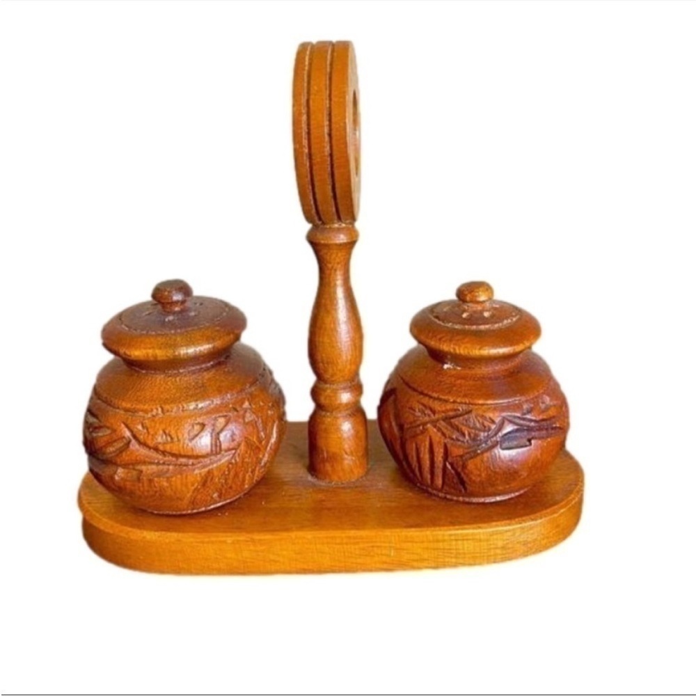 Vintage Wooden Round Carved Salt & Pepper Shakers With Stand